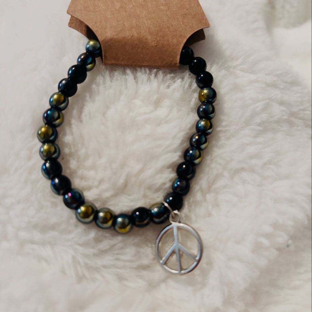 Black and Gold Beaded Bracelet with Peace Charm